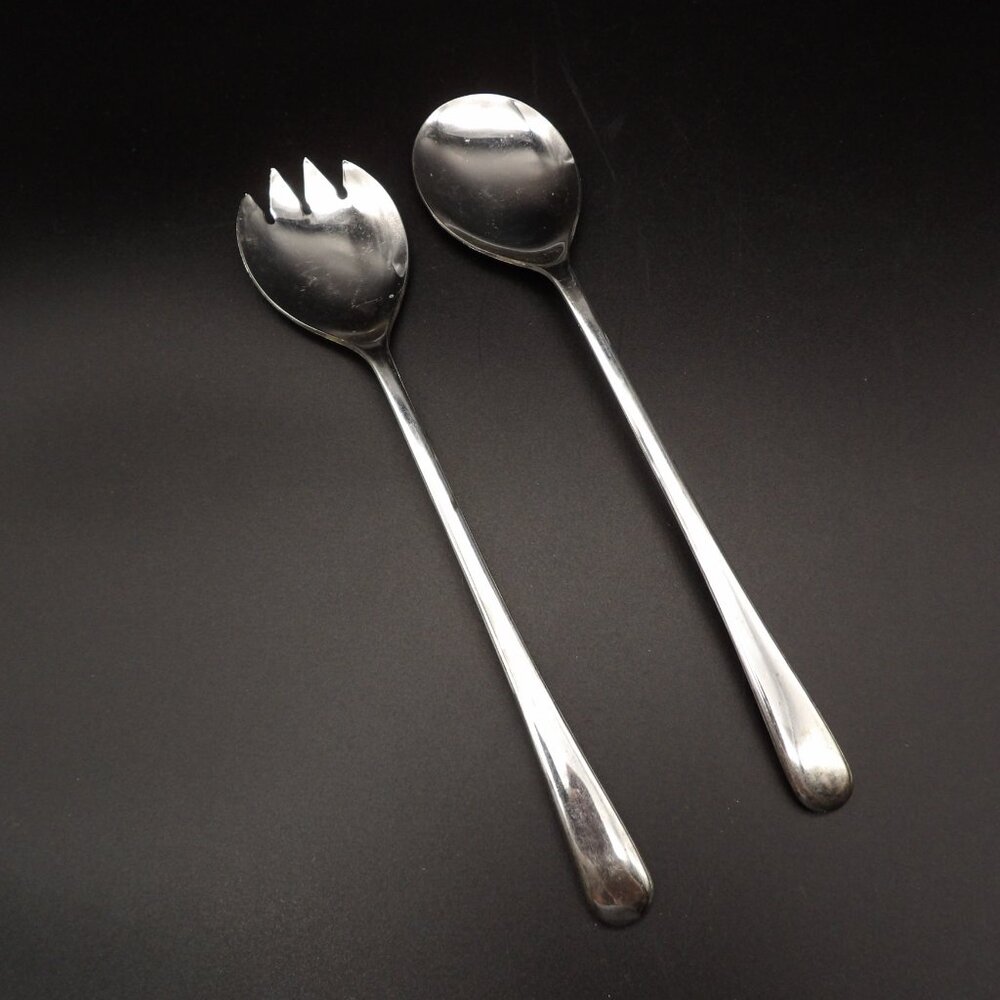 Vintage Mayell England Silver Tone Salad Serving Fork & Spoon Set 9.5" Flatware